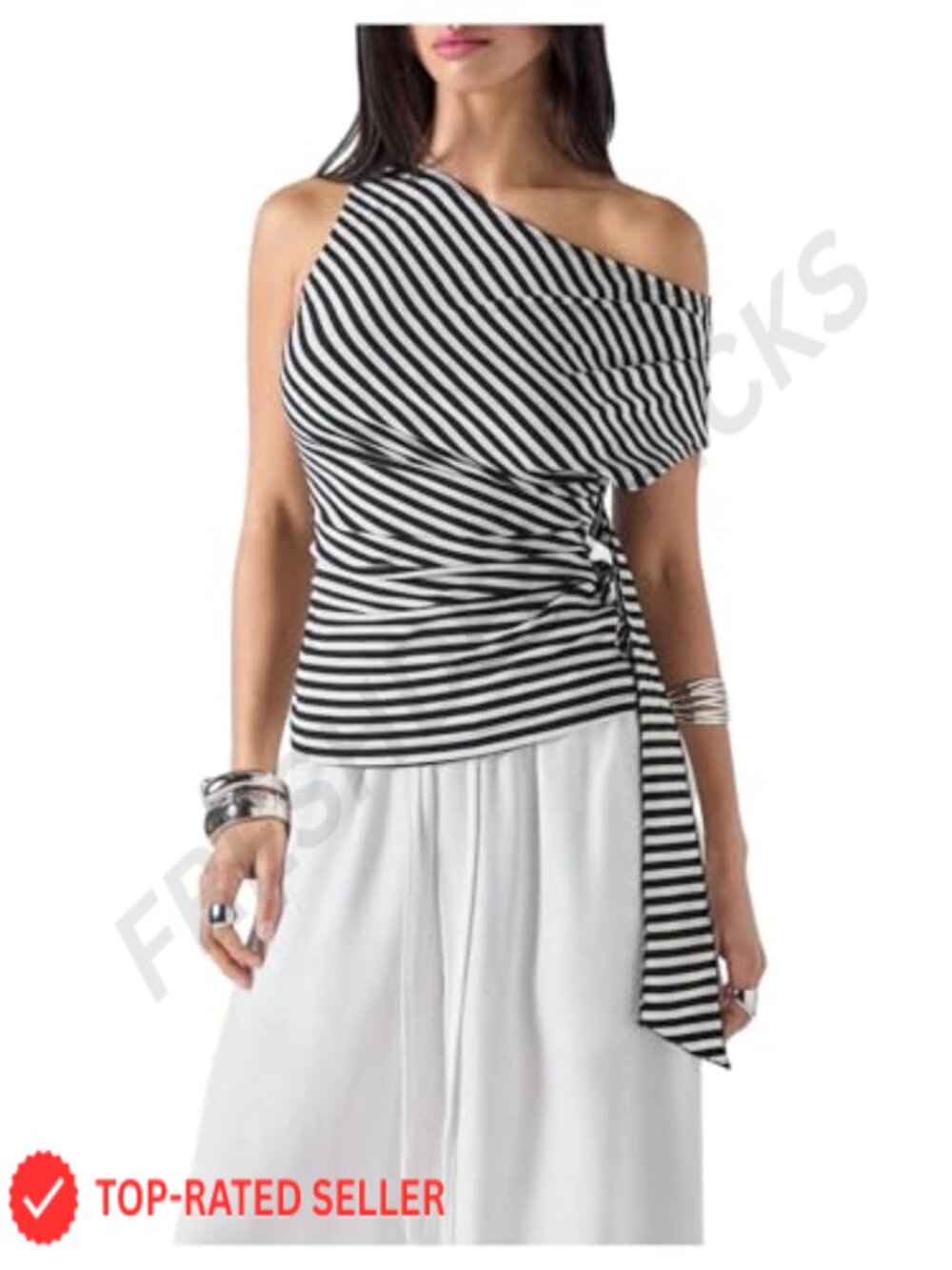 Women's One Shoulder Striped Ribbed Knit Ruched Short Sleeve Dressy Top